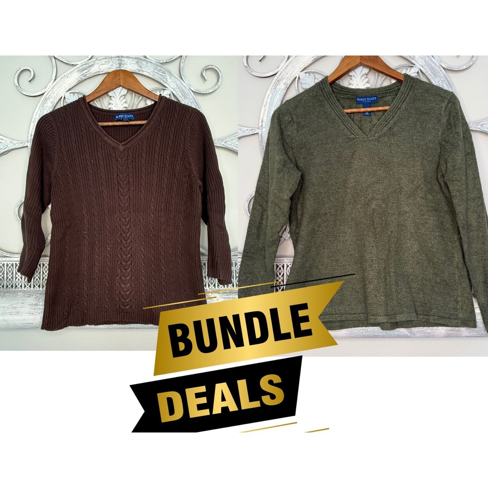 Karen Scott Petites Sweater Lot 2 Brown Cable Knit Cotton Olive Green V-Neck‎ PM